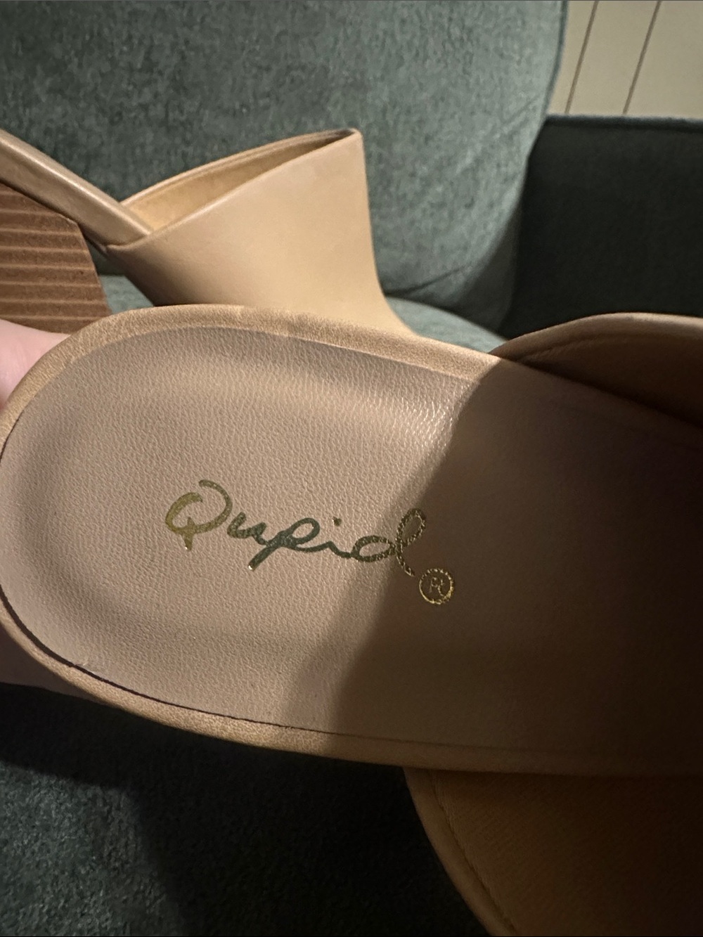 Qupid Tan Peep-Toe Block Heel Mules - Picture 6 of 9
